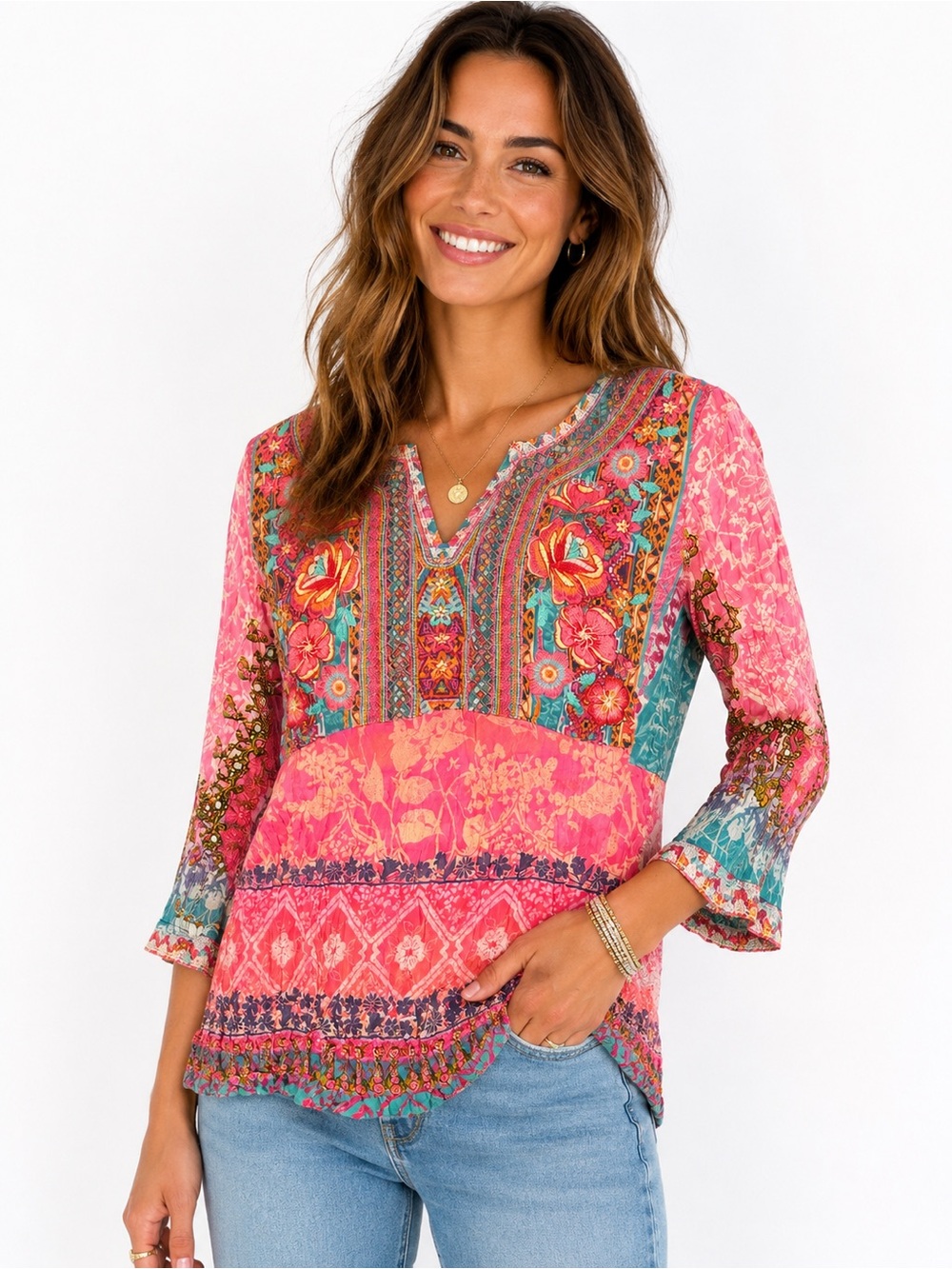 John Mark Pink Multi-Print V-Neck Tunic